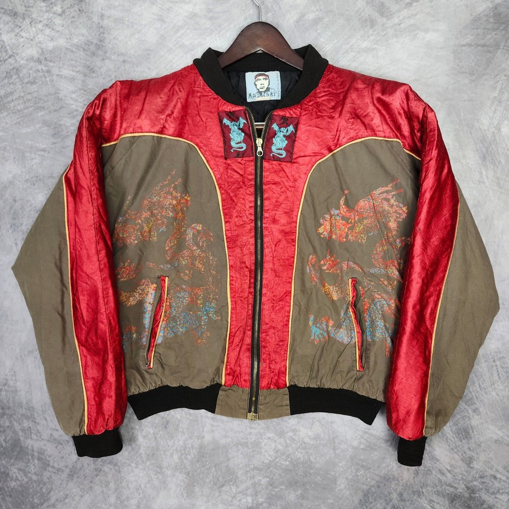 Vintage Y2K Musashi Sukajan Dragon Bomber Jacket XL Satin Colorblock Quilted